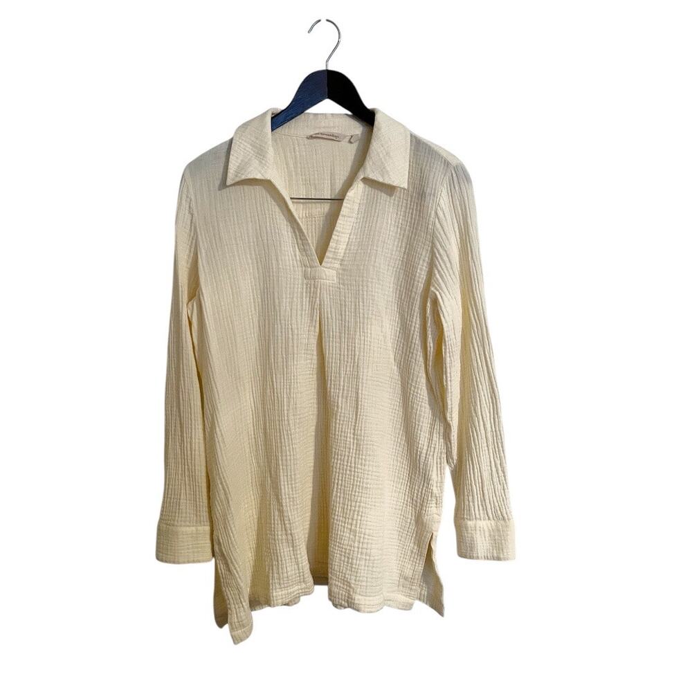 Soft Surroundings Cream Cotton Gauze Collar Long Sleeve Popover Tunic Top